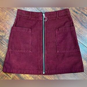 Topshop Moto Size 2 Corduroy Mini Skirt Full Zip Burgundy Square Pockets Boho